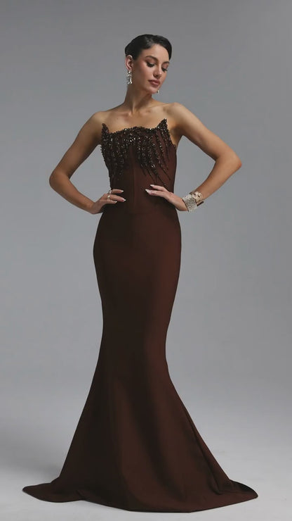 Embellished Corset Mermaid Gown - Chocolate Brown