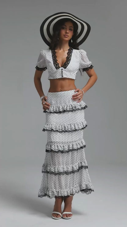 White and Black Polka Dot Lace-Trim Two-Piece Maxi Set