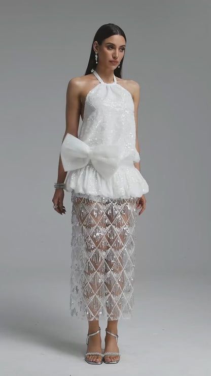 Sequin Halter Drop-Waist Midi Dress with Sheer Lattice Skirt - White/Silver