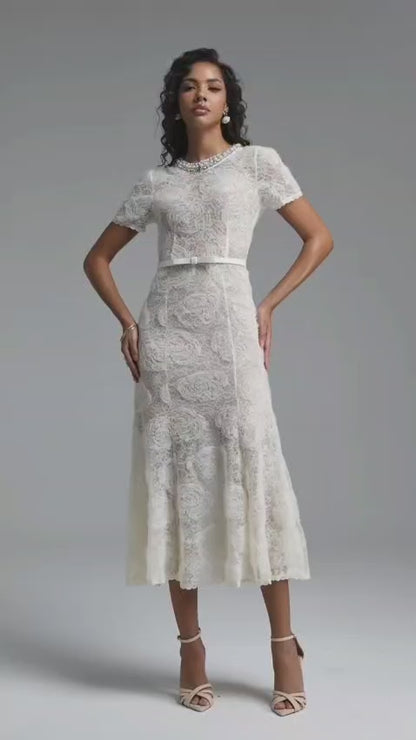 Embellished Jewel Neck Rose Lace Midi Dress - Ivory