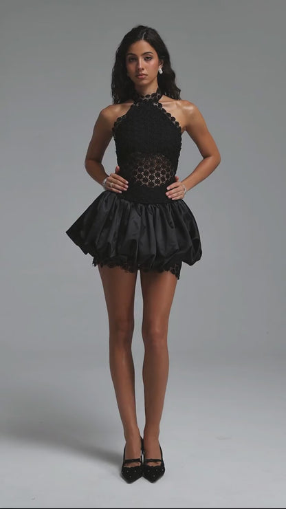 Sheer Lace Halter Bubble Mini Dress - Black