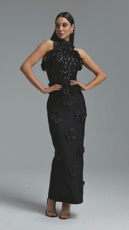 Black Sequin and 3D Floral Appliqué Column Gown