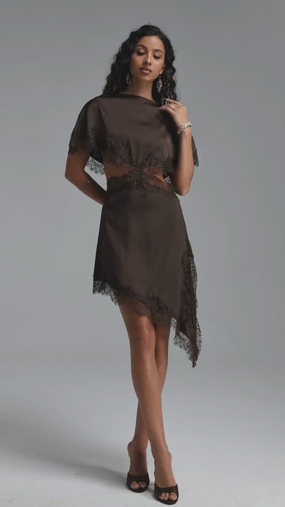 Lace-Trimmed Asymmetrical Cutout Dress - Chocolate Brown