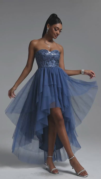 Strapless Sequin Embroidered High-Low Tulle Gown - Dusty Blue