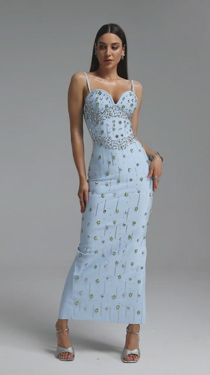 Crystal & Jewel Embellished Sweetheart Maxi Gown - Sky Blue