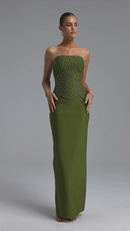 Elegant Stud-Embellished Strapless Corset Gown in Olive