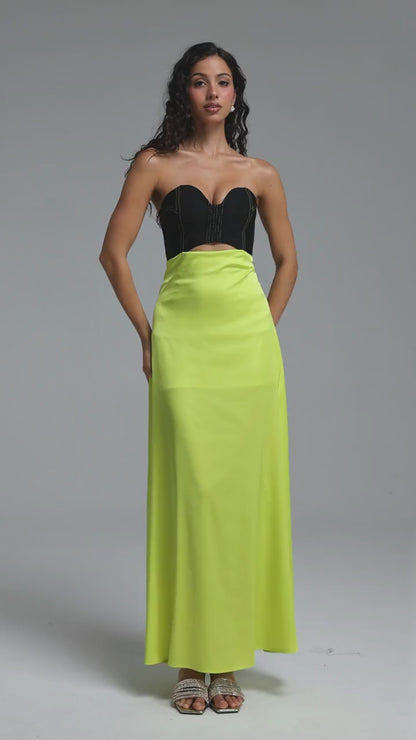 Black Corset and Chartreuse Satin Cutout Evening Gown