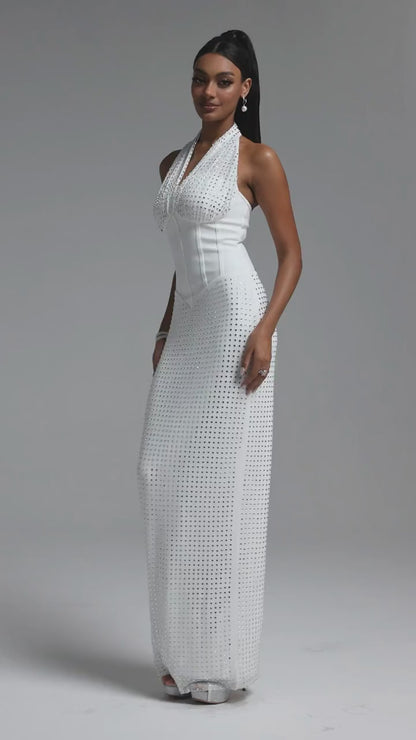 Rhinestone Embellished Halter Corset Gown - White