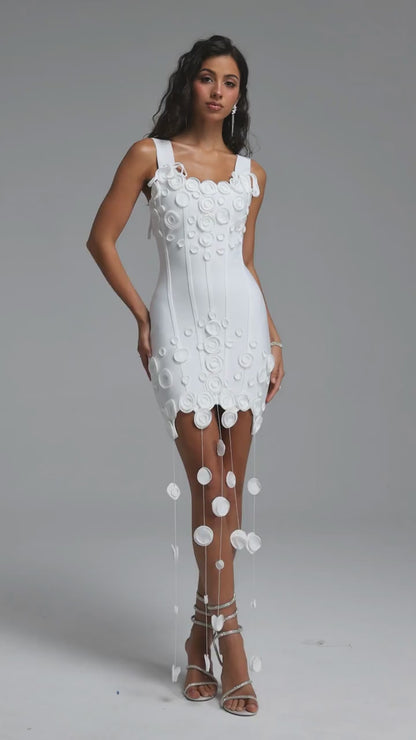 3D Circular Appliqué Cascading Fringe Mini Dress - White