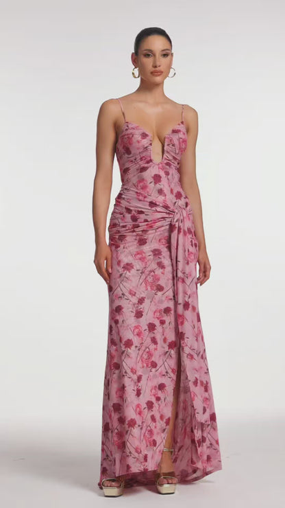 Floral Draped Maxi Gown with Deep V-Neckline