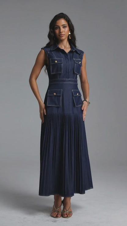 Sleeveless Dark Denim Pleated Utility Midi Dress