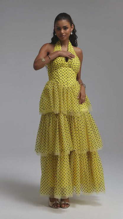 Tiered Polka Dot Tulle Halter Gown - Yellow & Black