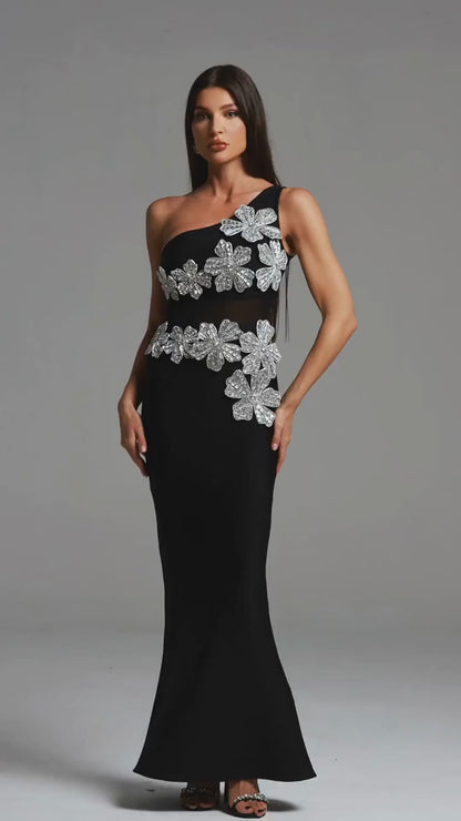 One-Shoulder Crystal Floral Illusion Evening Gown - Black