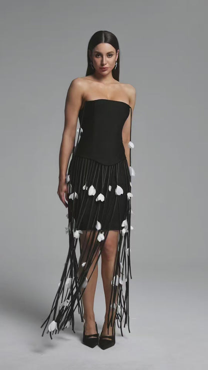 Noir Elegance Strapless Fringe Maxi Dress with Floral Petal Detail