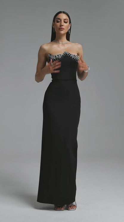 Crystal Embellished Strapless Maxi Gown - Black