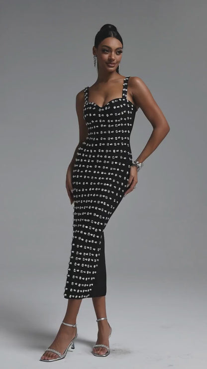 Crystal Embellished Sweetheart Midi Dress - Black