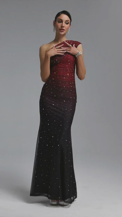 Scattered Crystal Ombre Ruched Mesh Gown - Burgundy & Black