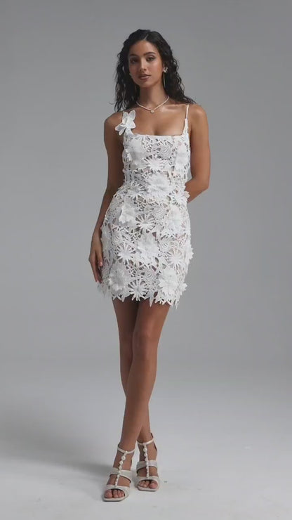 3D Floral Lace Appliqué Mini Dress - White