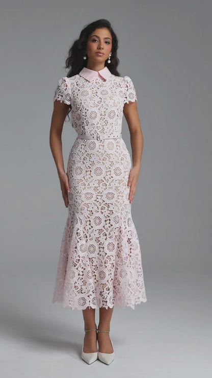 Blush Pink Floral Guipure Lace Collared Midi Dress