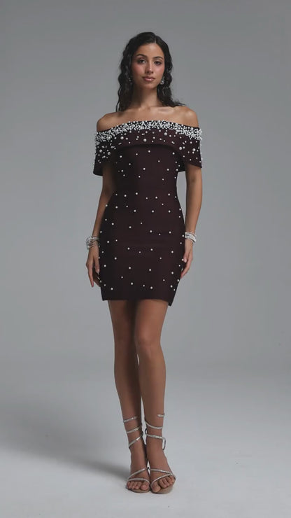 Pearl Embellished Off-The-Shoulder Mini Dress - Chocolate Brown