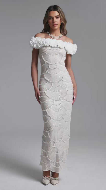 Ivory Bloom Off-Shoulder Column Dress