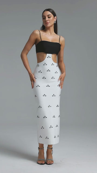 Black and White Cutout Crystal Embellished Midi Dress