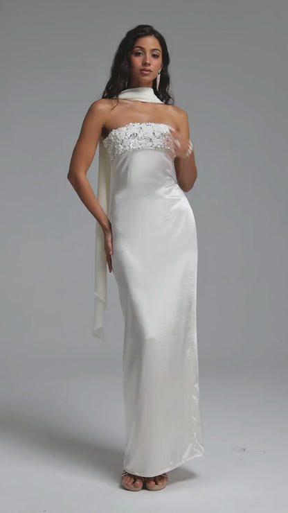 Ivory Satin Strapless Gown with Embellished Bodice and Scarf