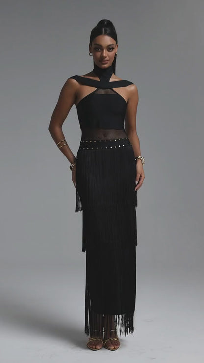 Studded Fishnet & Tiered Fringe Halter Gown - Black