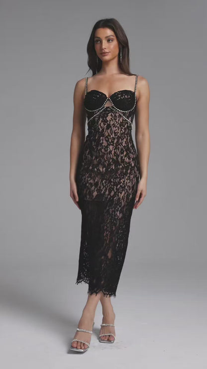 Midnight Lace Bustier Midi Dress with Crystal-Embellished Straps