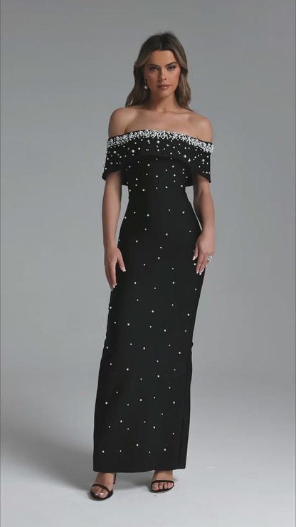 Elegant Pearl-Embellished Off-Shoulder Column Gown