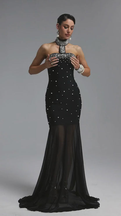 Pearl-Encrusted Choker Illusion Gown - Black