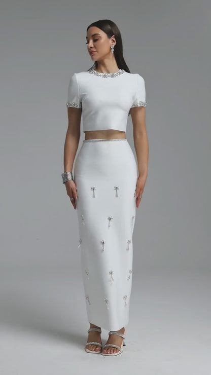 Crystal Embellished Short-Sleeve Two-Piece Maxi Set - White