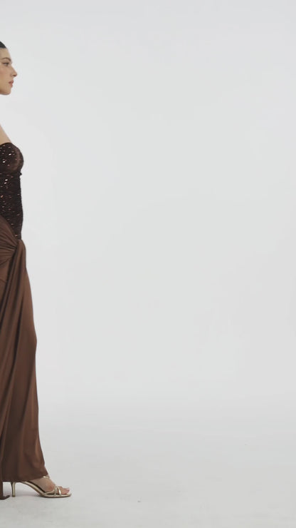 Earth-Toned Corset Gown with Scarf Detail