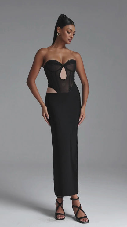 Xaviera Sexy Contour Strapless Cut Out Sheer Bandage Maxi Dress