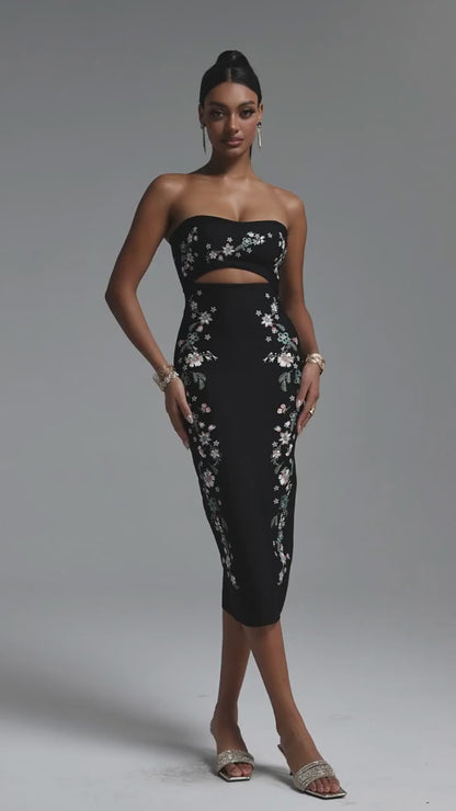 Embroidered Floral Strapless Cutout Midi Dress - Black