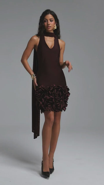 Brown Rosette Hem Halter Mini Dress with Attached Scarf
