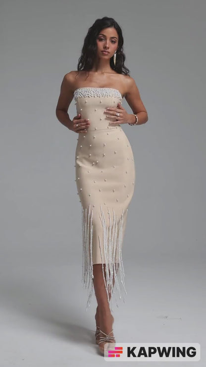 Nude Strapless Pearl Embellished Midi Dress with Beaded Fringe