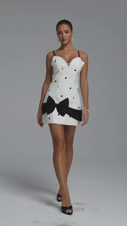 White and Black Polka Dot Mini Dress with Oversized Bow