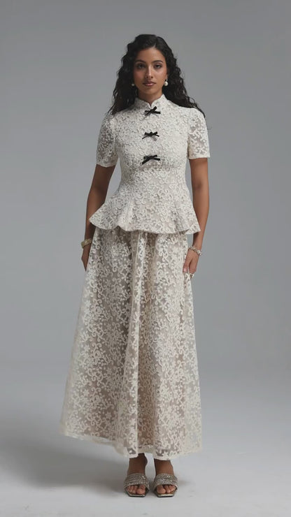 Vintage-Inspired Lace Peplum Maxi Dress - Ivory