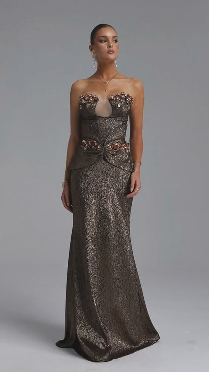Metallic Bronze Corset Gown with Floral Embellishments