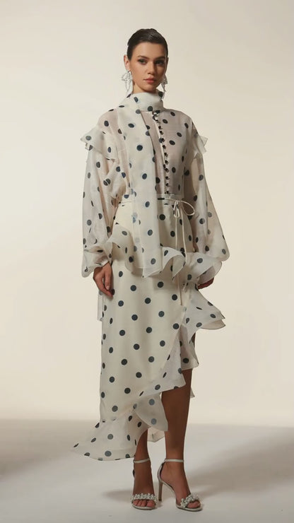 Elegant Polka-Dot Chiffon Blouse and Ruffled Midi Skirt Set