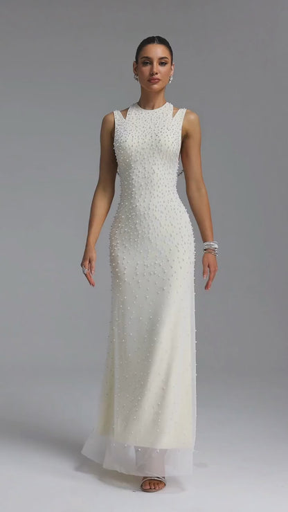 Ivory Pearl-Embellished Cutout Evening Gown
