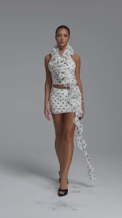 White and Black Polka Dot Cascading Ruffle Two-Piece Set