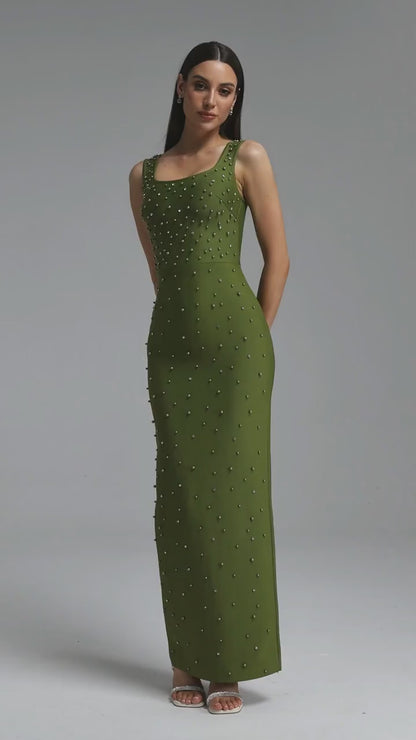 Crystal Embellished Square Neck Evening Gown - Olive Green