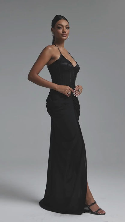 Embroidered Corset Draped Maxi Gown - Black