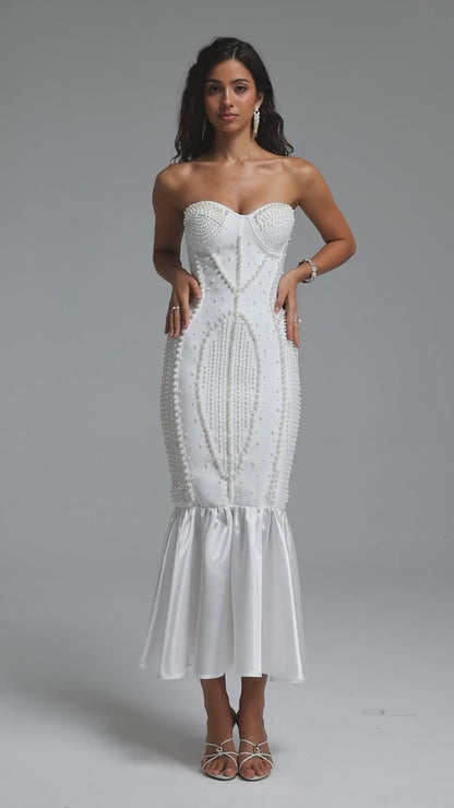 White Pearl-Encrusted Strapless Mermaid Dress