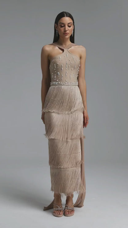 Embellished Halter Tiered Fringe Maxi Gown - Champagne