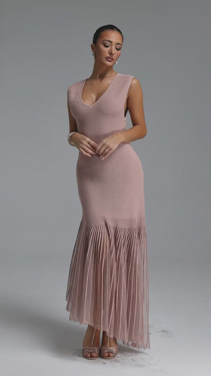 Dusty Rose Ribbed Knit and Sheer Pleated Maxi Dress
