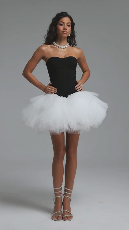 Strapless Corset Tulle Tutu Mini Dress - Black/White