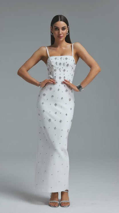 White Crystal Embellished Spaghetti Strap Column Gown